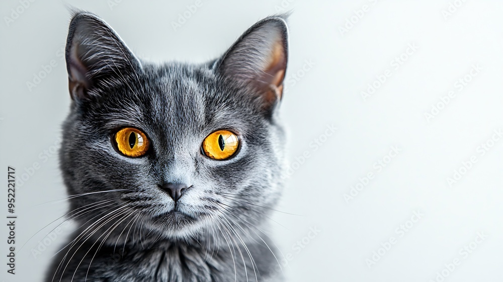 Poster a grey cat with yellow eyes is sitting on a white background the cats eyes are wide open giving it a