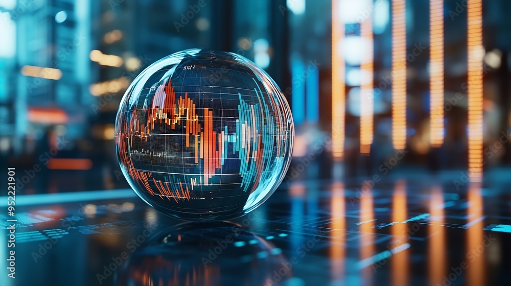 Poster Glass globe with graphs and data in background : Generative AI