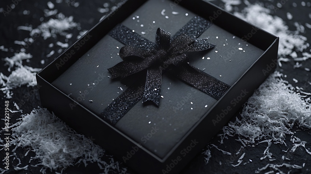 Poster black gift box with shredded paper on a black background top view : generative ai