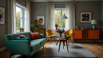 Mid-century Scandinavian interior design with colorful modern living room furniture.