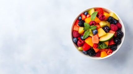 A vibrant bowl of fresh fruit salad featuring colorful berries, melons, and mint, perfect for healthy living and refreshing meals.