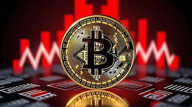 bitcoin coin surrounded red warning symbols downward arrows