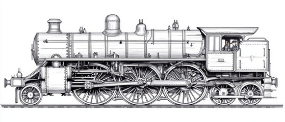 A detailed drawing of an old-fashioned steam locomotive