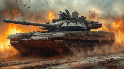 A tank maneuvers confidently through a war-torn landscape, surrounded by flames and smoke under a dramatic sky