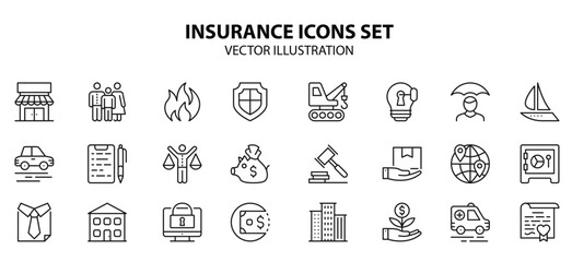 Thin line insurance icons set.