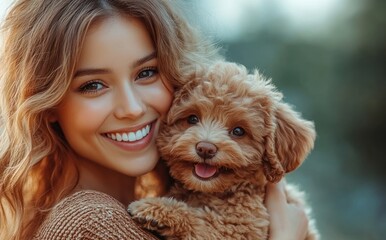 A cheerful young woman embraces her fluffy puppy, both radiating happiness in a warm, natural environment