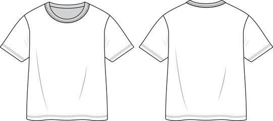 Kids Tee shirt fashion short sleeve drop shoulder technical drawing template. Plain white t-shirt front and back view flat Short sleeve t-shirt design for kids vector illustration.