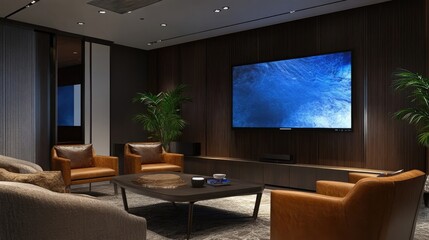 Spacious Meeting Room with Large TV Display and Relaxing Seating