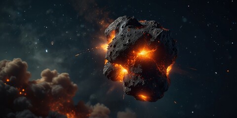 Asteroid hurtling through space, surrounded by stars and nebulae. Perfect for space exploration, science fiction, or cosmic events.