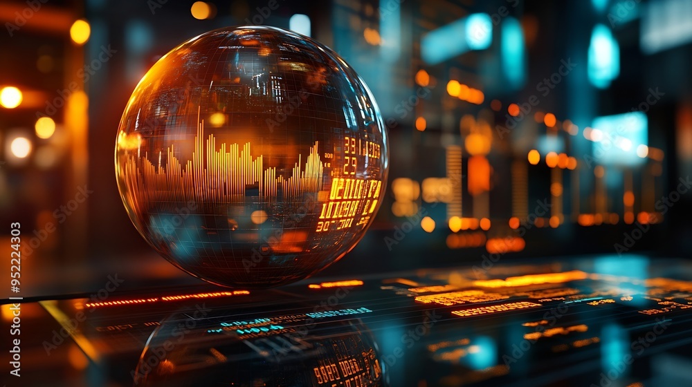 Poster Reflection of financial numbers and graph on glass globe : Generative AI