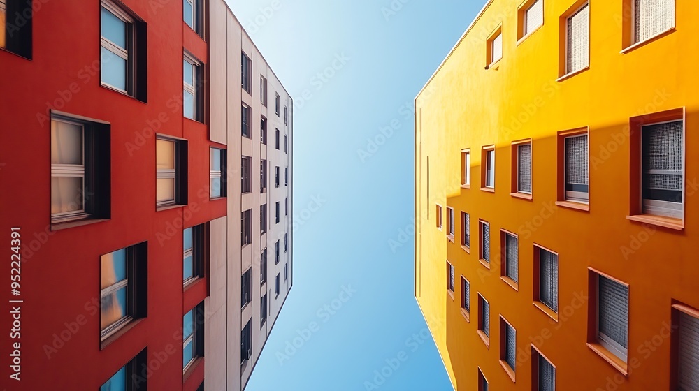 Poster the photo highlights the juxtaposition of two distinct building facades against the clear blue sky i