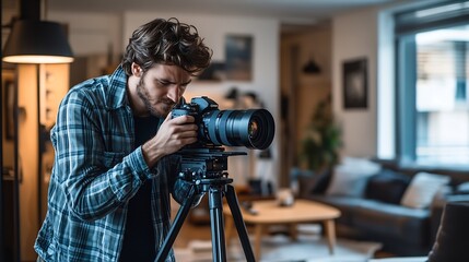 Male professional photographer shooting indoors in the living room home photography for real estate selling houses and apartments including interior design : Generative AI