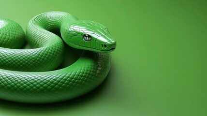 Fototapeta premium Modern green snake sculpture with clean design, set against a monochrome green backdrop.