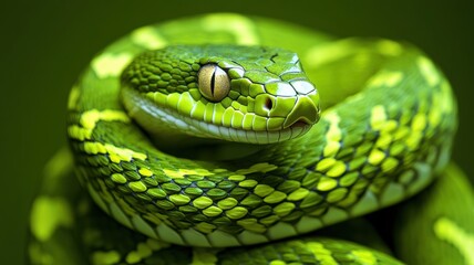 Fototapeta premium Intricate green snake with tribal patterns, blending natural beauty with bold design.