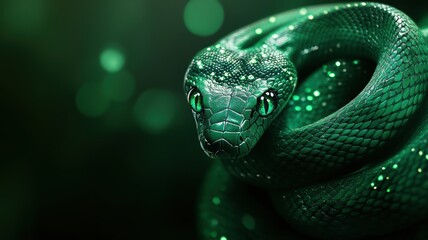 Obraz premium Intricately carved green snake with bright emerald eyes, symbolizing 2025.