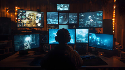 Gamer in dimly lit room intensely focused on high-tech console, surrounded by multiple screens and gaming memorabilia, immersed in vibrant gaming environment