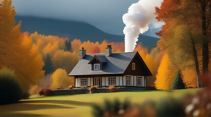 charming cottage smoke billowing chimney fall colors around