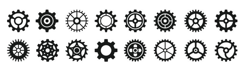 Gears. Transmission cog wheels and machine gearings, technical mecanisme, engineering motor, button black silhouette icons, vector set. Transmission mechanism, engineering machinery gear illustration