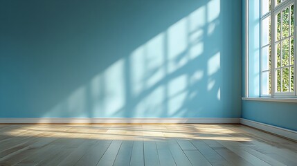 Empty bedroom with light blue walls and new hardwood floor : Generative AI