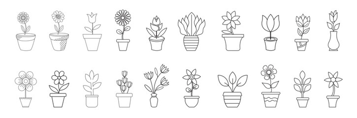 Flowers and pots interior design beautiful flowers plants Plant outline drawing vector set