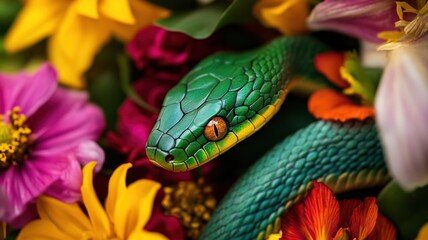 Fototapeta premium Green wooden snake coiled among vibrant pink and yellow flowers, showcasing intricate craftsmanship and a blend of natural beauty and artistry.