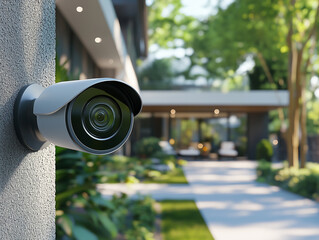 A security camera is mounted on the wall of a contemporary home surrounded by greenery, providing a clear view of the serene pathway leading to the entrance