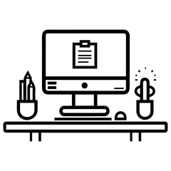 desk icon or modern line symbol. Vector line art and icon design with bold outline. Black and white Pixel Perfect minimalistic symbol isolated white background. Silhouette simple thin sign