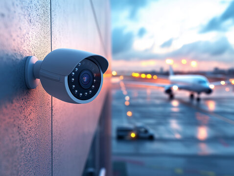 A security camera is positioned on the wall of an airport terminal, observing the runway as an airplane lands during the beautiful colors of sunset, enhancing travel safety