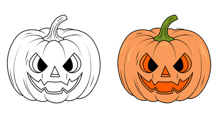 A set of contoured and colored pumpkins. Scary pumpkin for Halloween. Coloring book