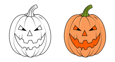 A set of contoured and colored pumpkins. Scary pumpkin for Halloween. Coloring book
