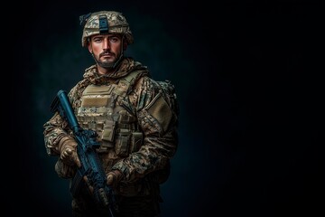 Naklejka premium Soldier in tactical gear with rifle on dark background, copy space, armed forces, united states army