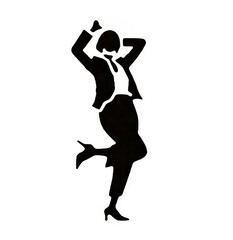 Stylish woman dancing in a chic black silhouette against a white background.