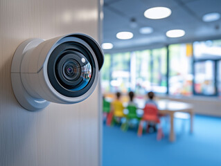 A security camera is mounted on the wall, overseeing a vibrant classroom filled with children engaged in various activities, ensuring their safety