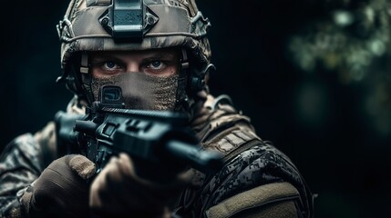 Fototapeta premium Soldier in tactical gear aims weapon during operation in dense forest, copy space, armed forces, united states army