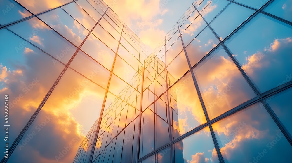 Aufkleber sunset clouds mirrored in glass windows facade of business skyscraper building : generative ai