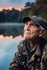 Obraz premium Veteran Reflecting by Tranquil Lakeside at Sunset - Honor and Remembrance Design for Posters and Cards