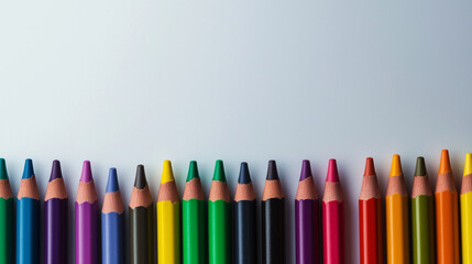 A set of colorful crayons arranged in a row, centered on a plain white background, perfect for a back-to-school or art promotion with ample space for copy.