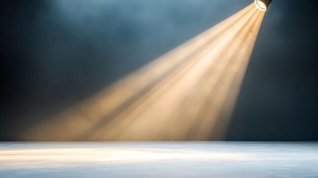 Bright spotlight illuminating a dramatic empty stage with soft shadows and misty background, perfect for theatrical themes.