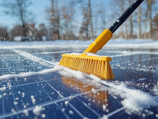 A person is using a broom to remove snow from solar panels, ensuring optimal energy production during the winter. The bright blue sky adds to the contrast