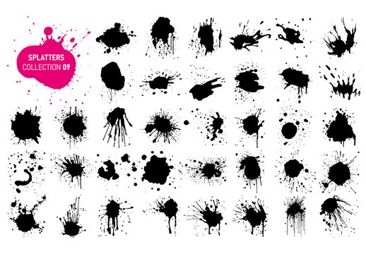 Vector black ink drops and paint splashes. Hand drawn design elements isolated on white background