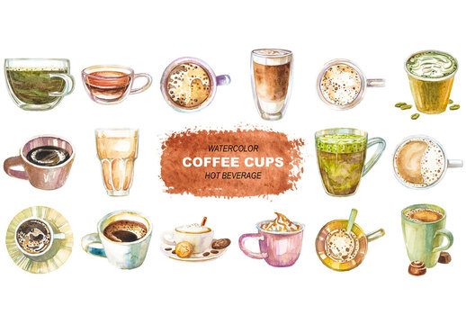 Vector watercolor painted coffee cups clipart. Hand drawn elements isolated on white background.