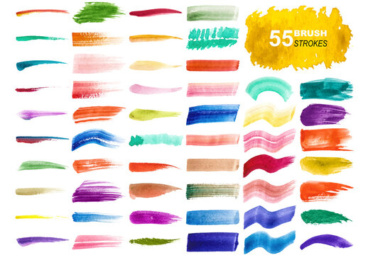 Vector collection of colorful watercolor brush strokes and splatters isolated on white background.