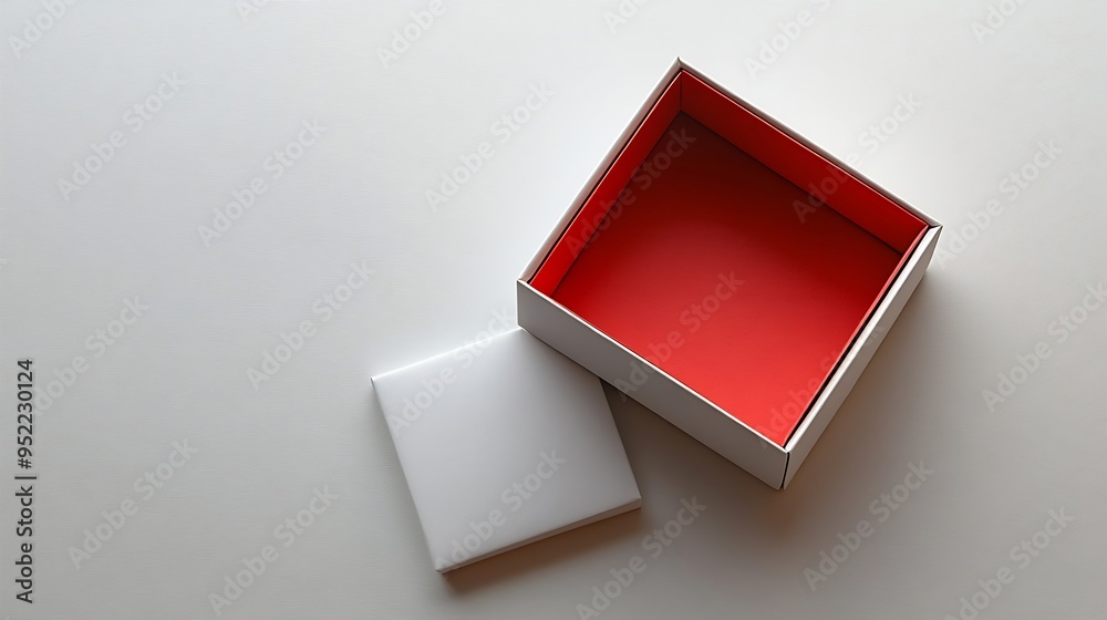 Poster White square gift box mockup on white background harsh shadows red inside From above top view minimalist concept mock up luxury : Generative AI