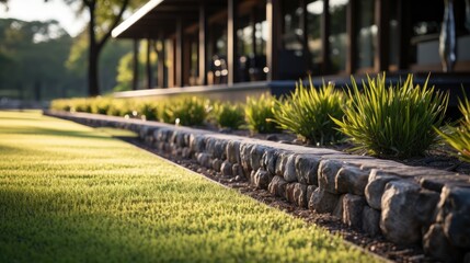 Obraz premium Contemporary home featuring a well maintained garden