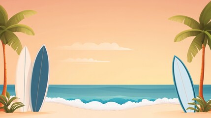 Illustration of a tropical beach with surfboards, palm trees, and ocean waves during sunset. Ideal for summer and vacation themes.