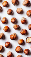 macro closeup flat lay food background photo of hazelnuts and blank text space at side