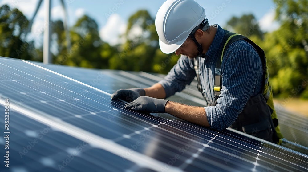 Poster engineer working for alternative energy farm wind turbine and solar panels concept focus on helmet :