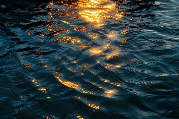 reflection of the setting sun on the water surface, golden light, ripples and waves on a dark background, top view. Abstract texture for design, print or wallpaper