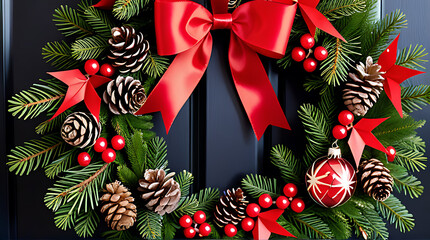 holiday wreath red ribbons pinecones festive decorations