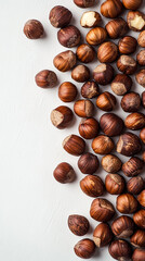 Obraz premium macro closeup flat lay food background photo of hazelnuts and blank text space at side